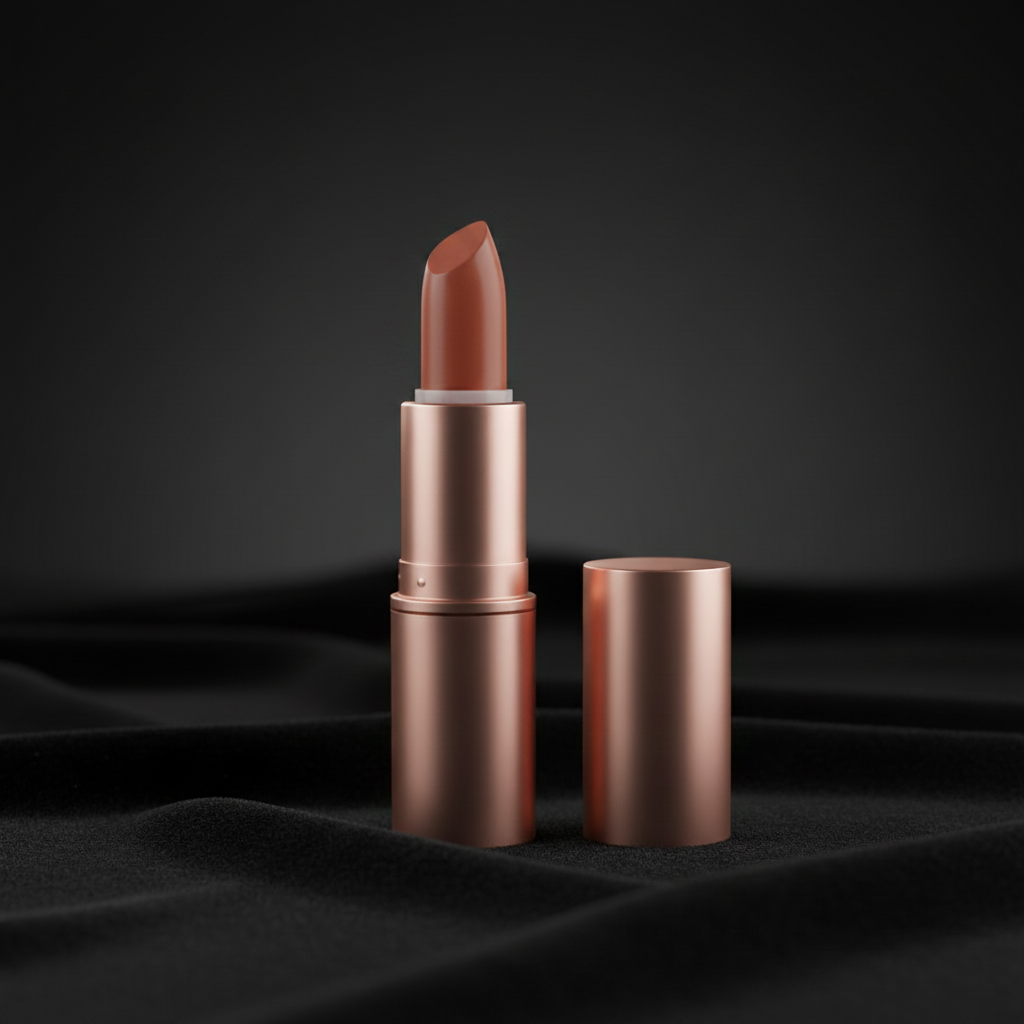 Velvet Satin Bullet Lipstick — Terracotta Nude shade, rose gold tube on black silk