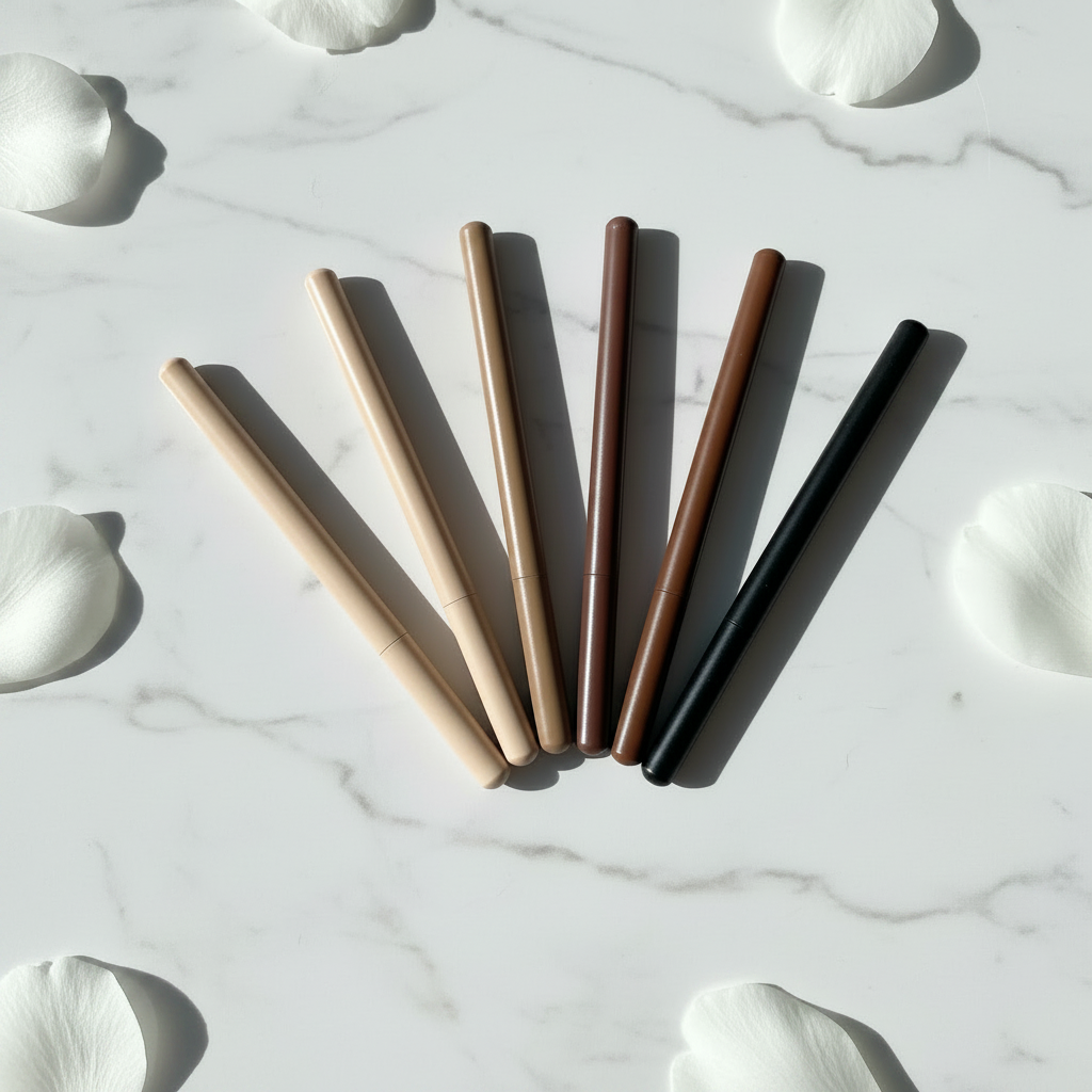 Spectrum Five-Shade Eyebrow Pencil Set - Light Spectrum variant, fan layout on white marble with flower petals