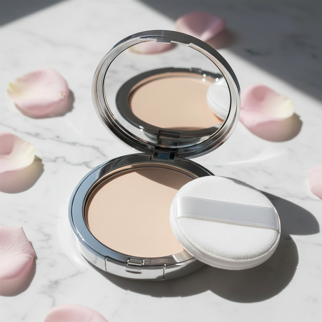 Silk Veil Pressed Powder Compact - Nude Beige variant, open silver compact with puff on marble