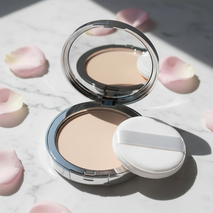Silk Veil Pressed Powder Compact - Nude Beige variant, open silver compact with puff on marble