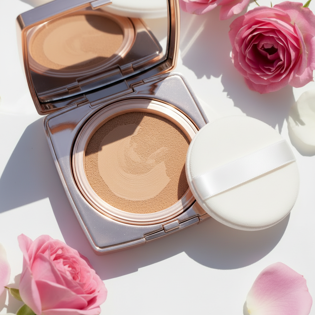 Rose Frame Pressed Powder Compact macro close-up showing smooth matte pressed powder surface and rose gold frame
