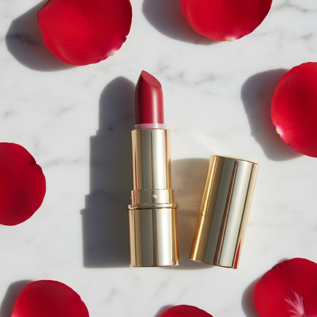 Golden Hour Bullet Lipstick shiny gold tube closed upright on white marble with red rose petals