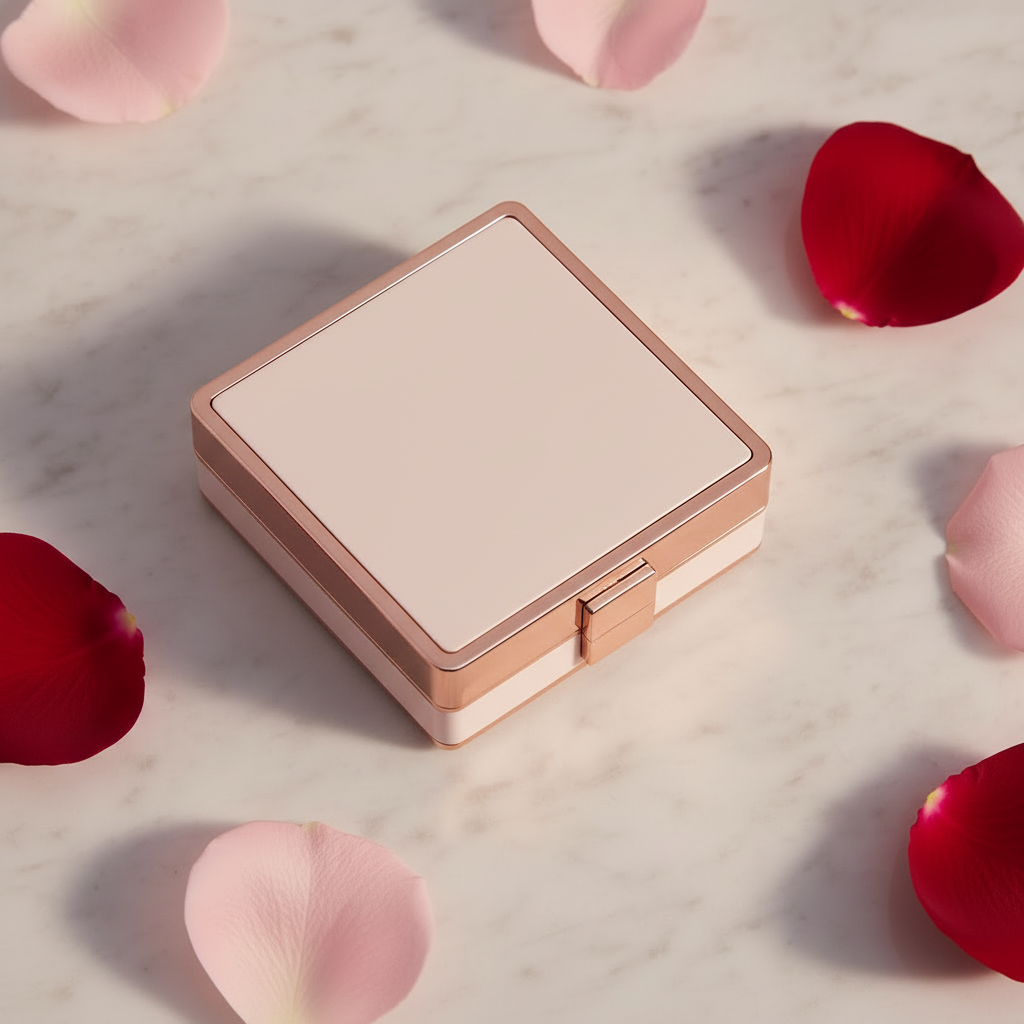 Velvet Petal Lip Color Compact closed angled side view with rose gold frame on marble with rose petals