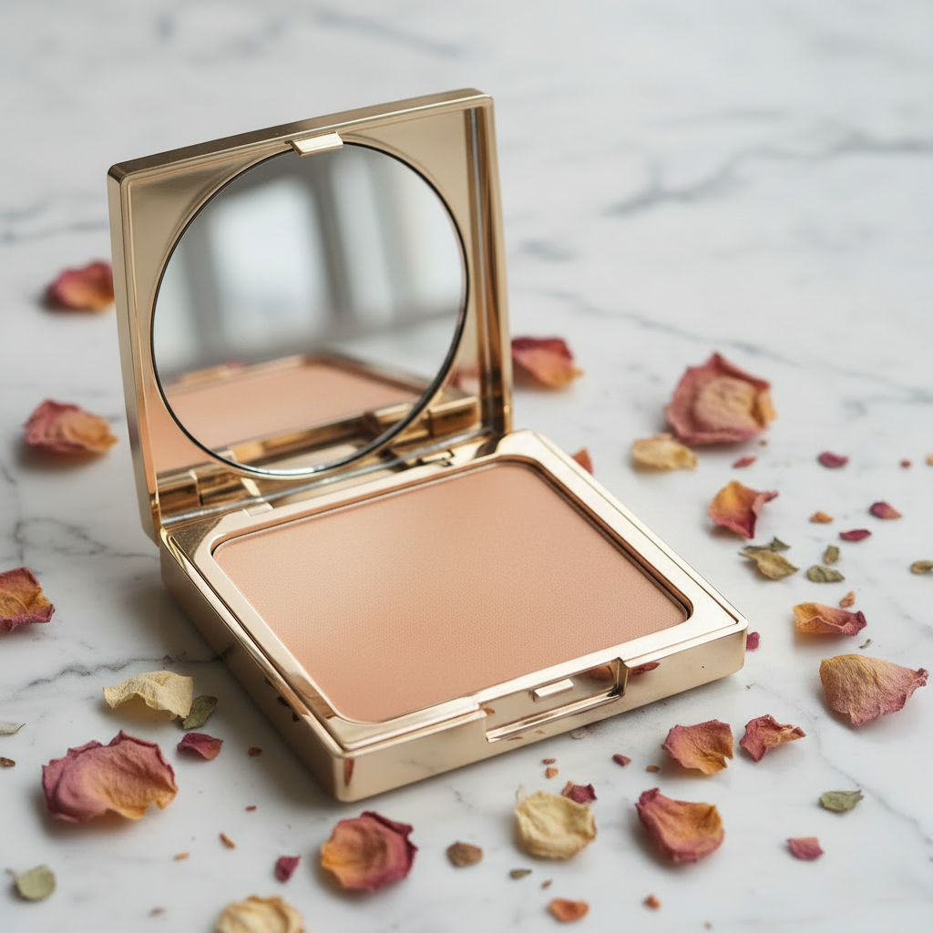 Gold Compact Pressed Powder — Honey Beige shade, open compact with puff on marble