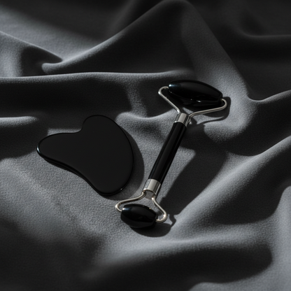 Black Obsidian roller and gua sha – velvet surface