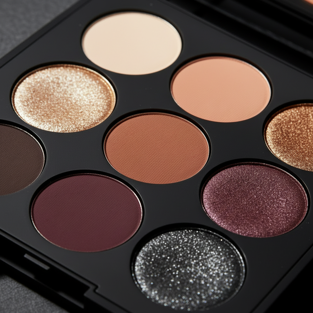 Obsidian Nine-Pan Palette macro close-up showing shimmer glitter and matte powder texture detail