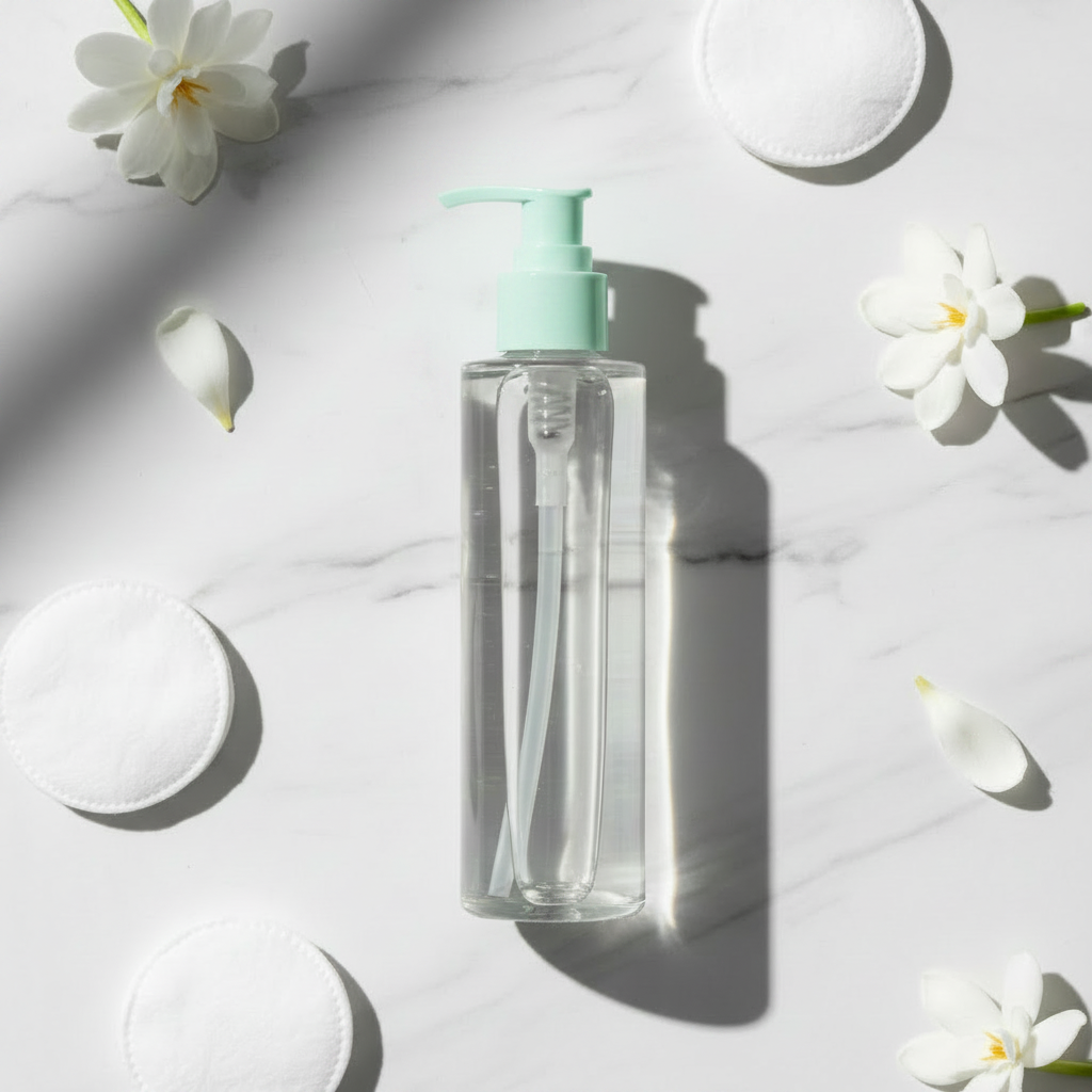Clear Veil Micellar Cleansing Water - Mint Pump variant, clear bottle on marble with cotton pads and gardenias