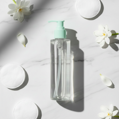 Clear Veil Micellar Cleansing Water - Mint Pump variant, clear bottle on marble with cotton pads and gardenias
