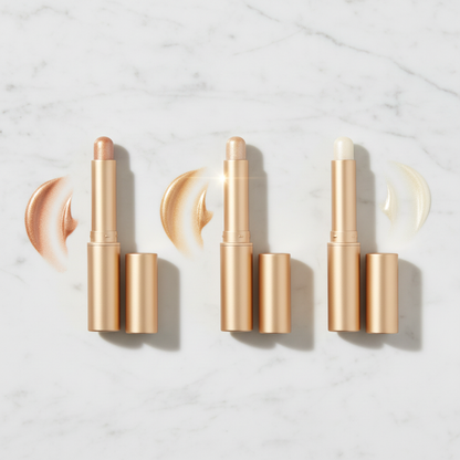 Three highlighter sticks in champagne gold, rose gold and pearl white on white marble