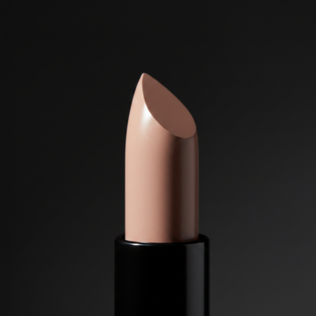Noir Bullet Lipstick macro close-up of angled cut nude beige lipstick bullet tip showing creamy texture