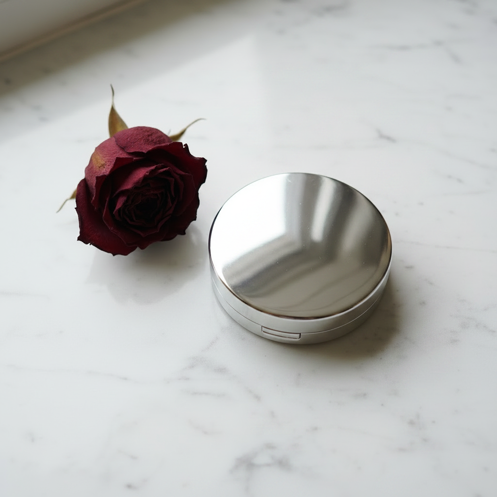 Petal Flush Cream Blush silver round compact closed, overhead flat lay on white marble
