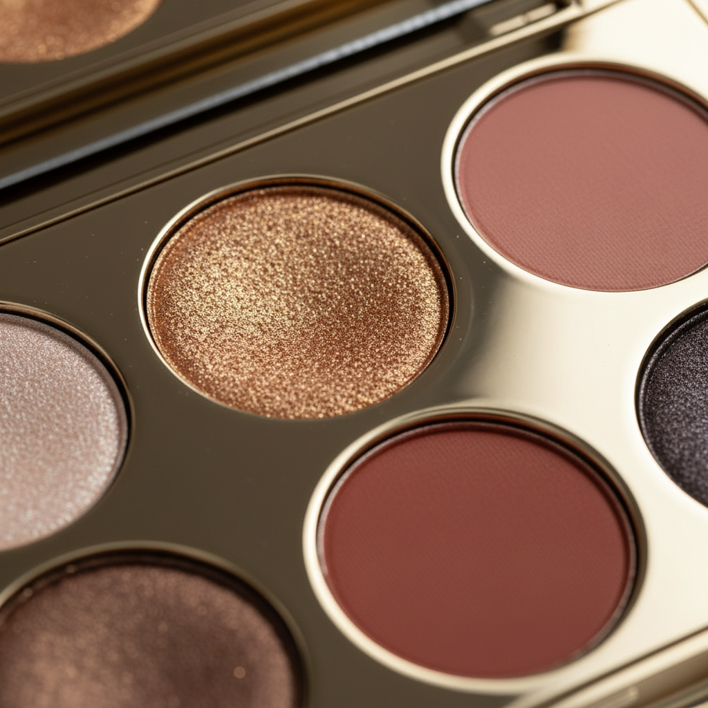Gilded Hour Eight-Pan Palette macro close-up showing shimmer glitter and matte powder texture