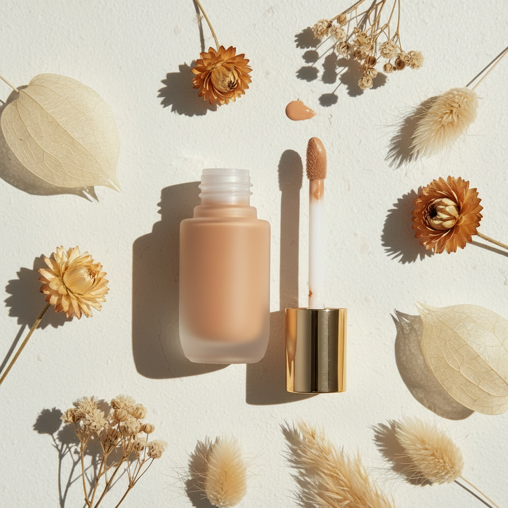 Soft Focus Liquid Concealer - Nude Beige variant, frosted glass bottle with gold cap and sponge wand