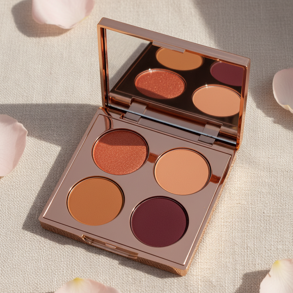 Velvet Quad Eyeshadow Palette - Terracotta Bloom, four pan compact open with rose petals