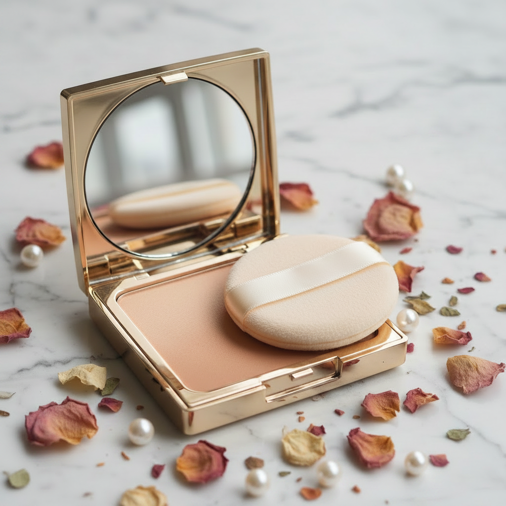 Gold Compact Pressed Powder — Sand Beige shade, open compact with puff on marble
