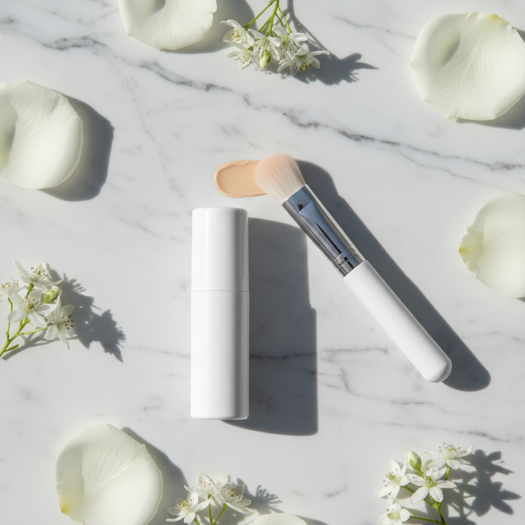 Cover & Blur Concealer Stick and brush standing upright on white marble with white flowers