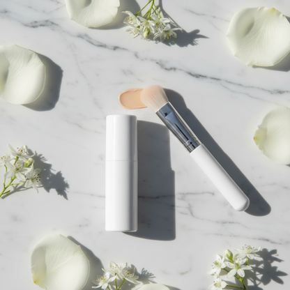 Cover & Blur Concealer Stick and brush standing upright on white marble with white flowers