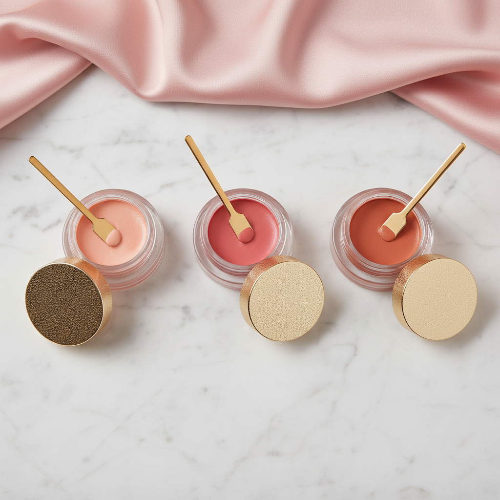 Three cream blush pots in peachy pink, rose pink and terracotta coral on white marble