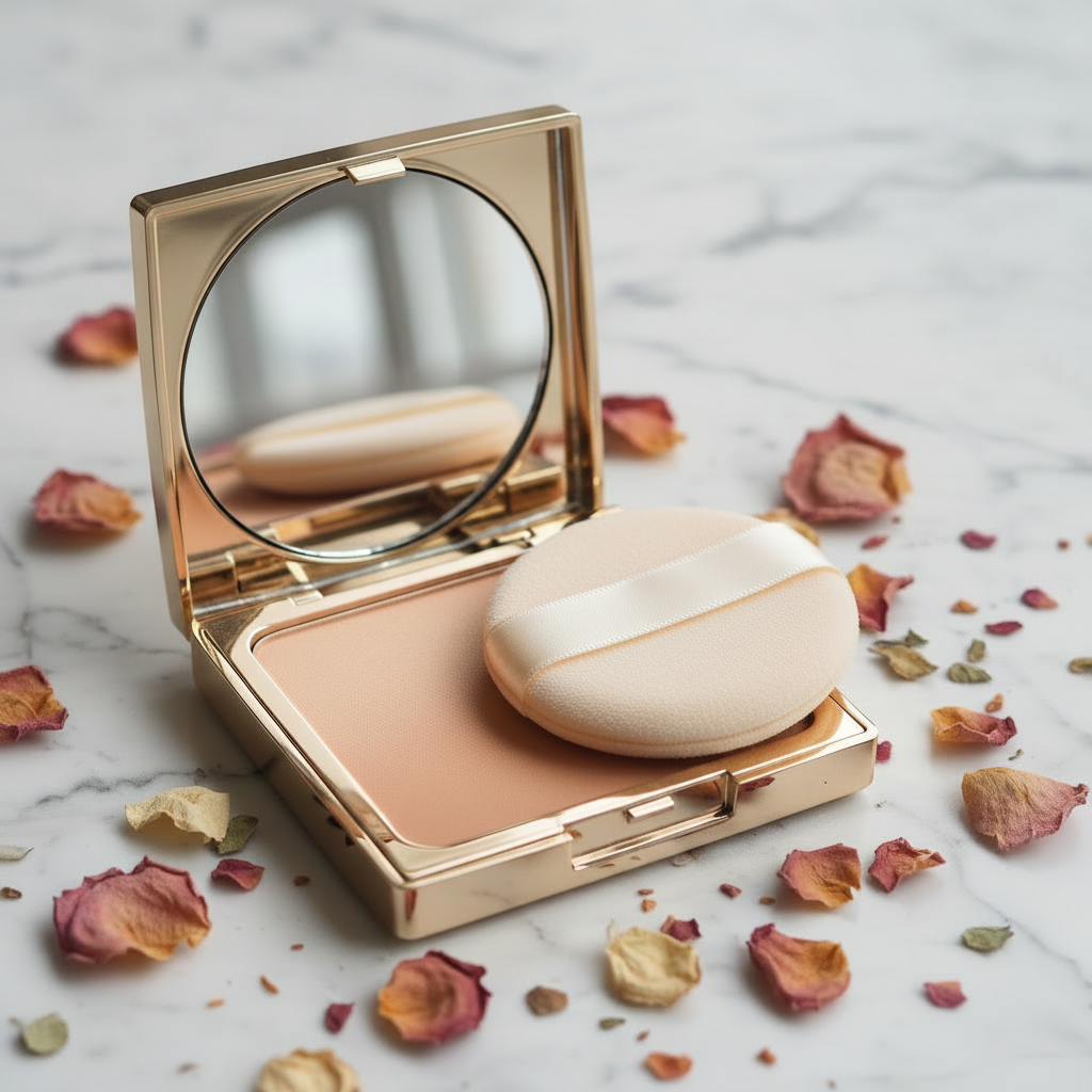 Gold Compact Pressed Powder — Ivory Beige shade, open compact with puff on marble