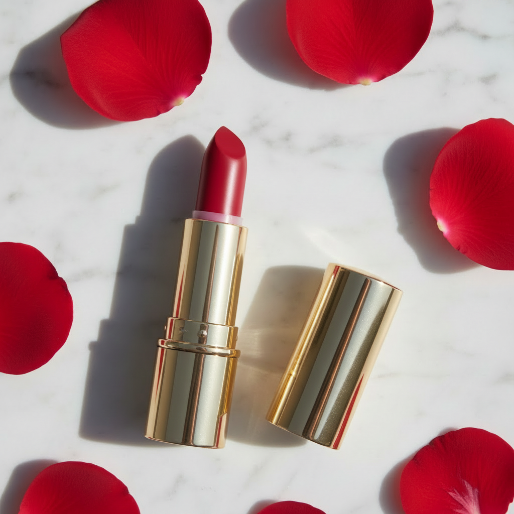 Golden Hour Bullet Lipstick - Rose Red variant, gold tube open on white marble with red rose petals