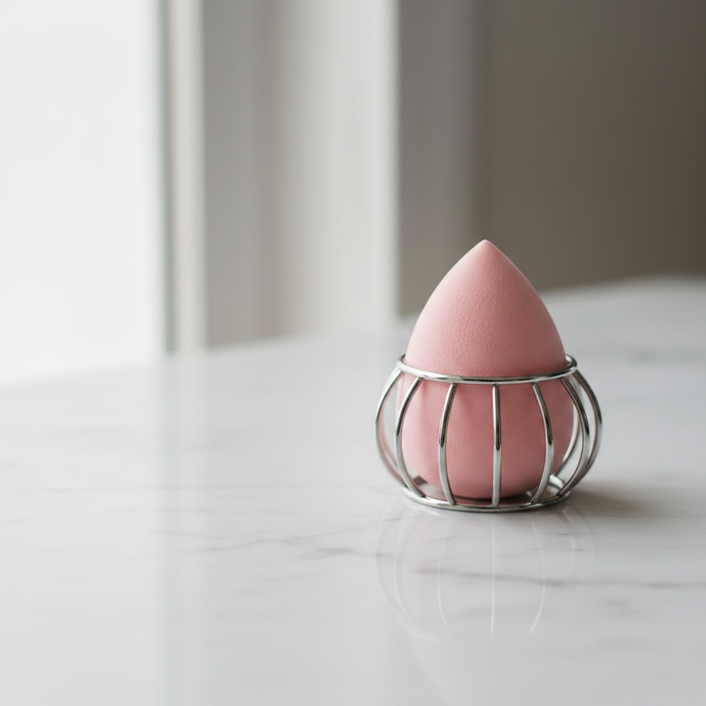 Soft Pink teardrop makeup sponge beside silver wire cage holder on white marble