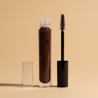 Dark Brown eyebrow gel in clear glass tube with spoolie wand on warm beige background