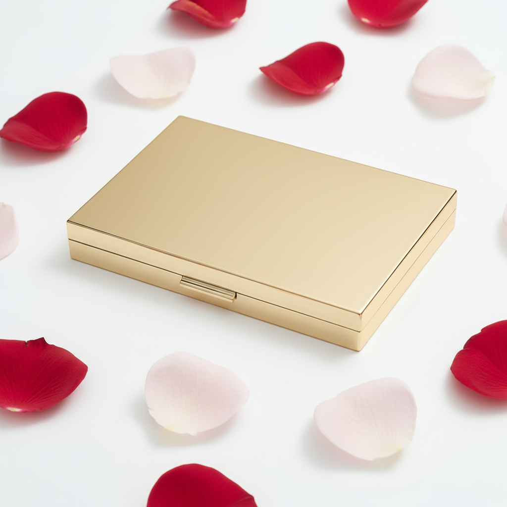 Gilded Hour Eight-Pan Palette gold compact closed, angled side view with rose petals