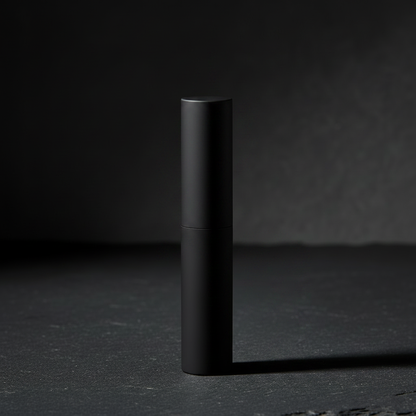 Noir Bullet Lipstick matte black tube closed upright on dark grey slate surface
