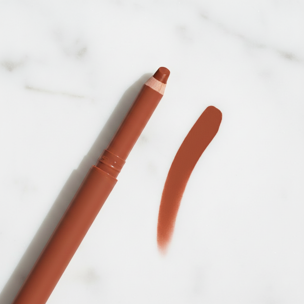 Terracotta Brown retractable lip liner pencil with swatch on white marble