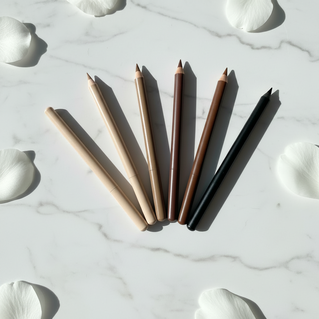 Spectrum Five-Shade Eyebrow Pencil Set - Deep Spectrum variant, fan layout on white marble with flower petals