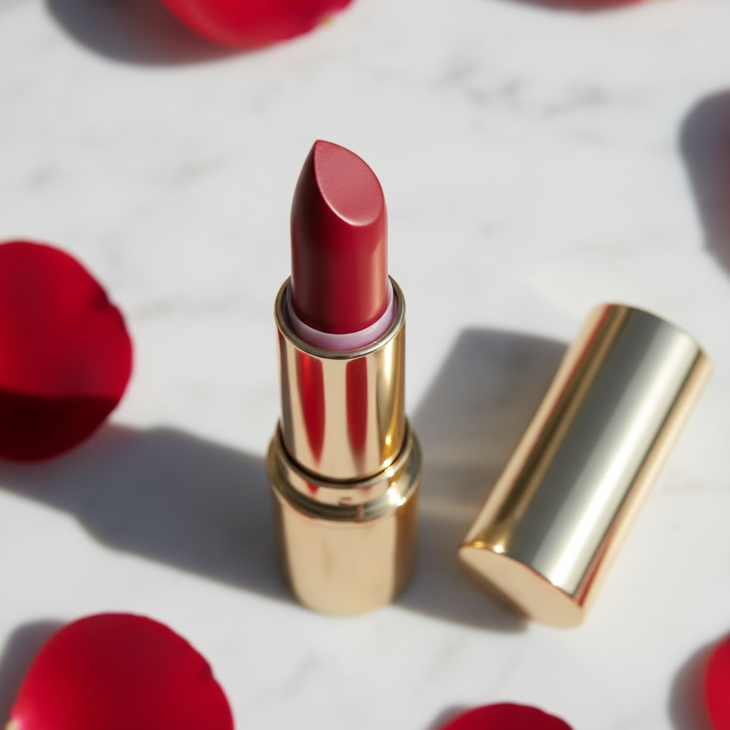 Golden Hour Bullet Lipstick macro close-up of angled cut rose red lipstick bullet tip and gold tube detail