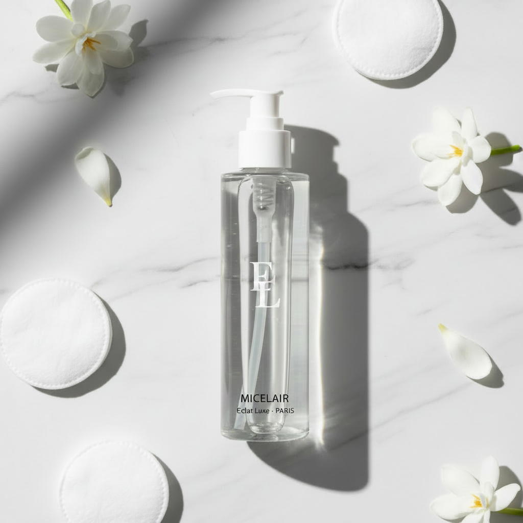 Clear Veil Micellar Cleansing Water bottle standing upright on marble with cotton pads and gardenias