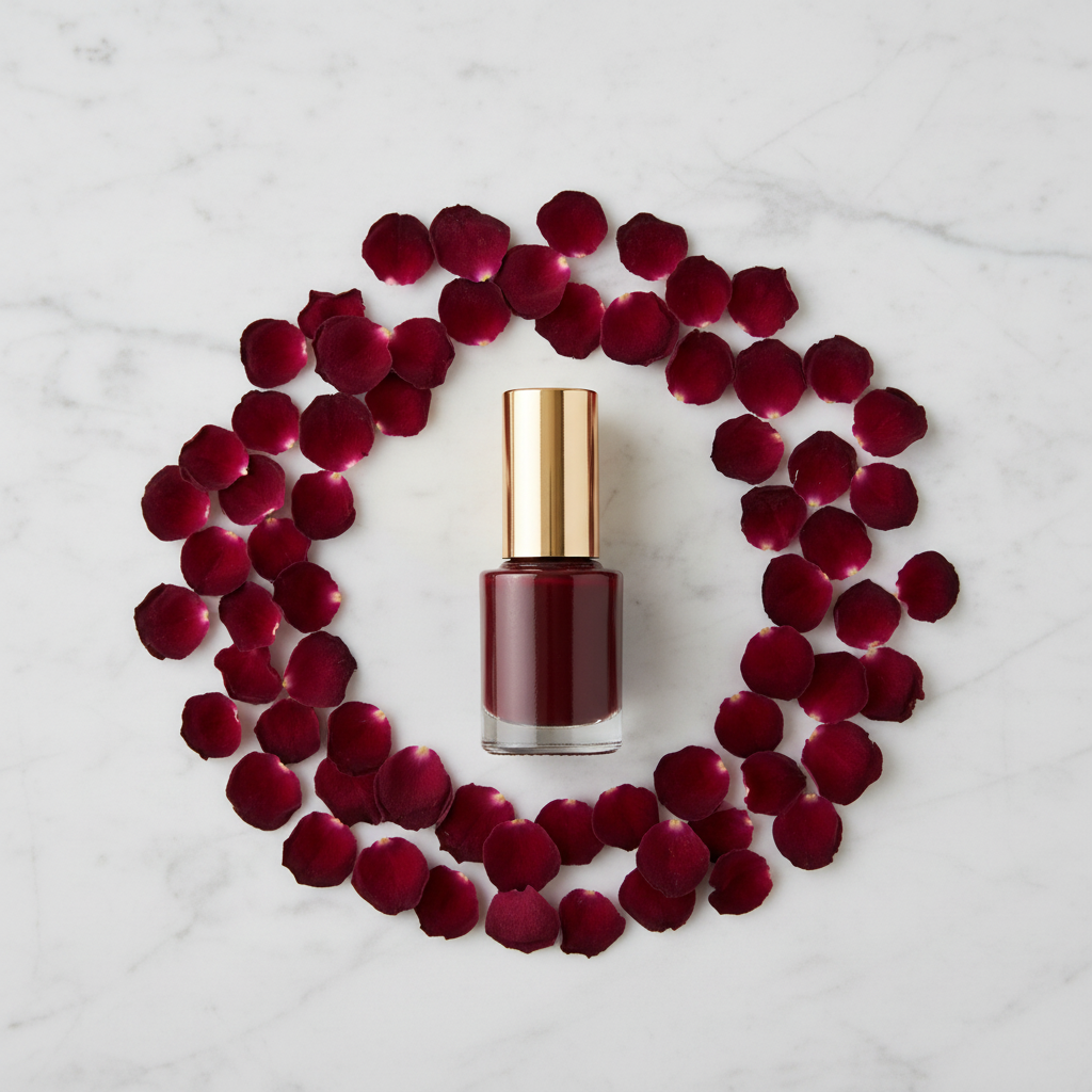Top-down view – bottle with rose petals