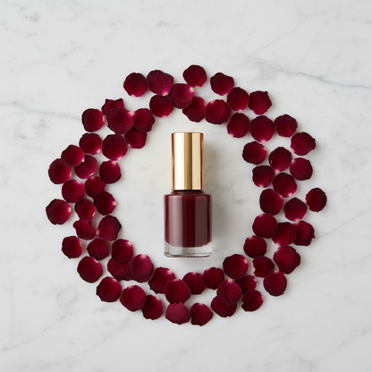 Top-down view – bottle with rose petals