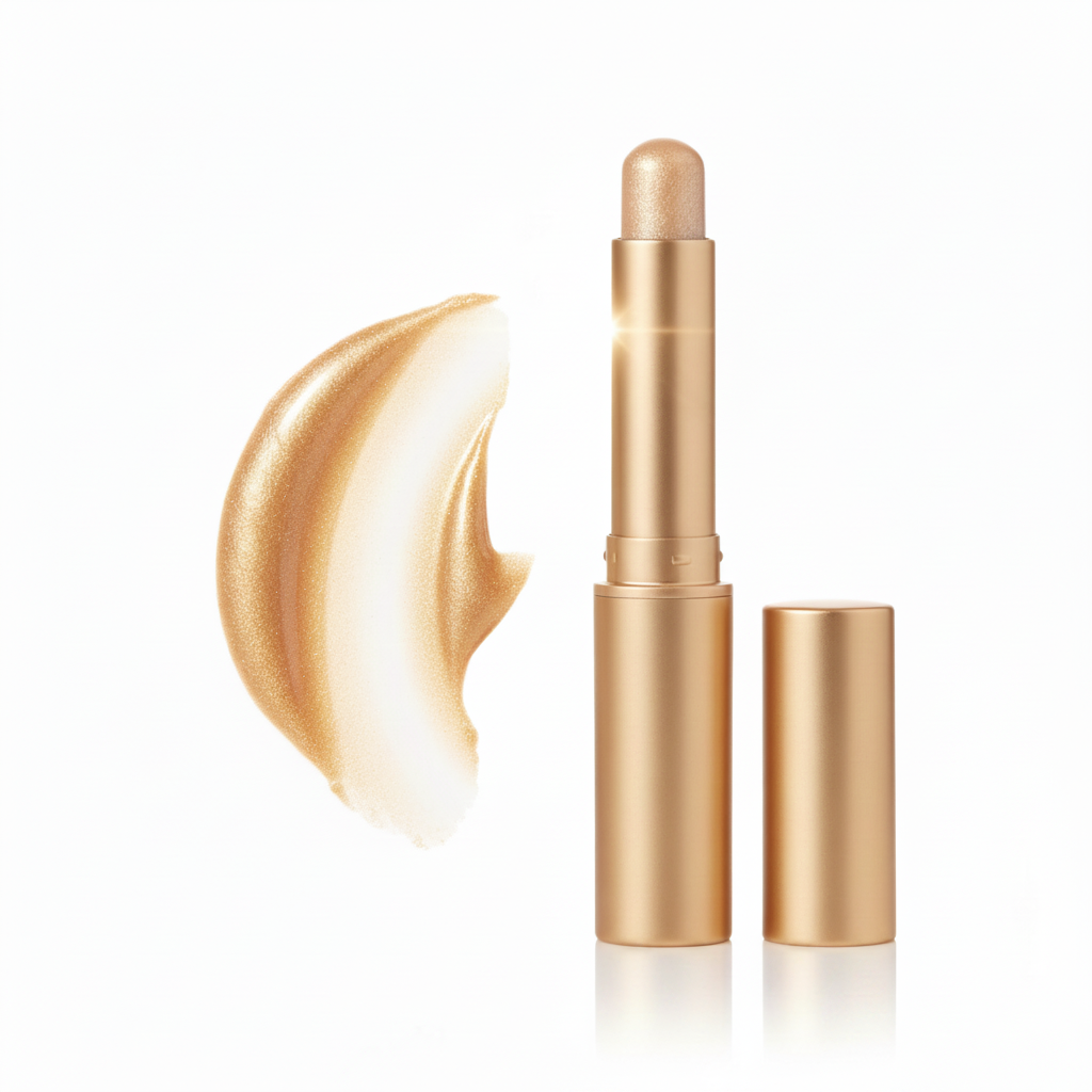 Rose Gold highlighter stick with gold tube and shimmer swatch on white background