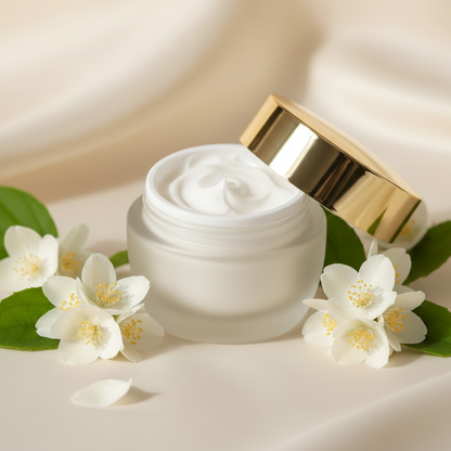 Jasmine Botanical Facial Cream — top-down flat lay, open jar showing cream texture