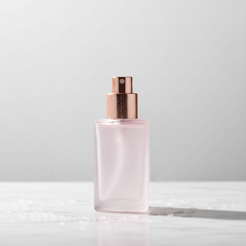 Rose Pink setting spray in frosted glass bottle with rose gold nozzle on white marble