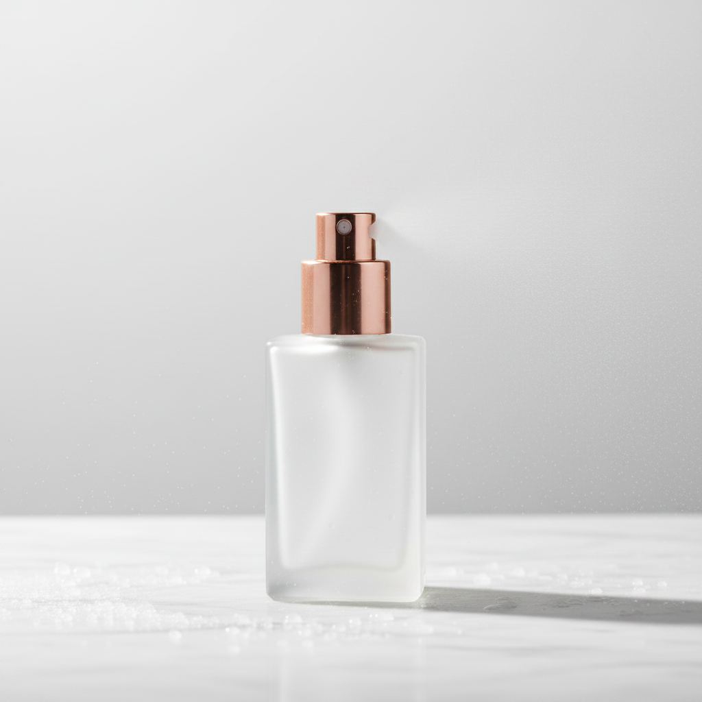 Close-up of rose gold fine mist pump nozzle with spray mist effect on white background