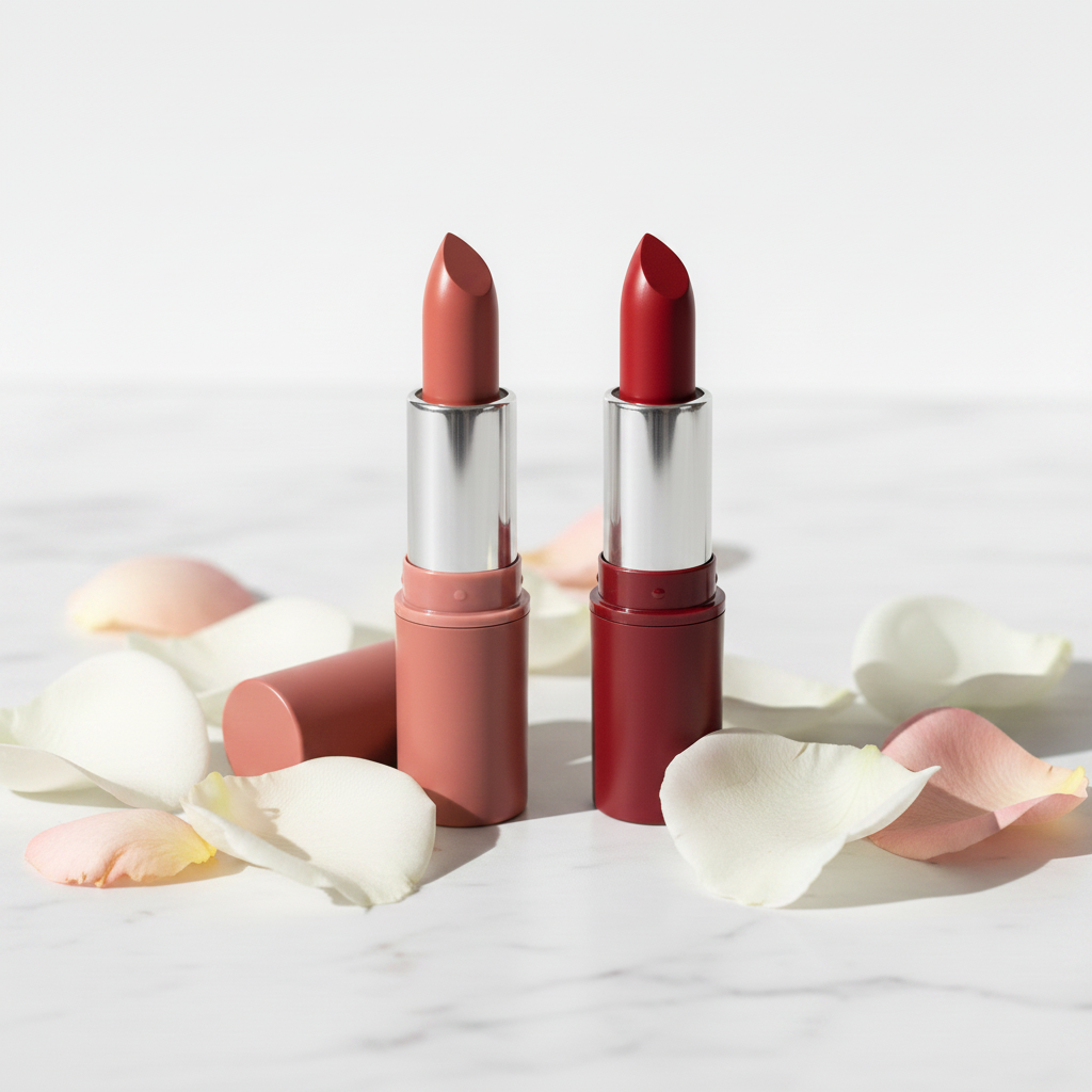 Duo Tone Bullet Lipstick Set both tubes closed upright on white marble with rose petals