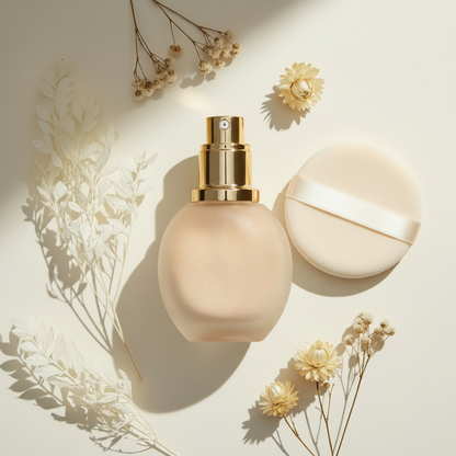 Airy Veil Loose Setting Powder - Ivory Beige variant, frosted glass bottle with gold pump and powder puff