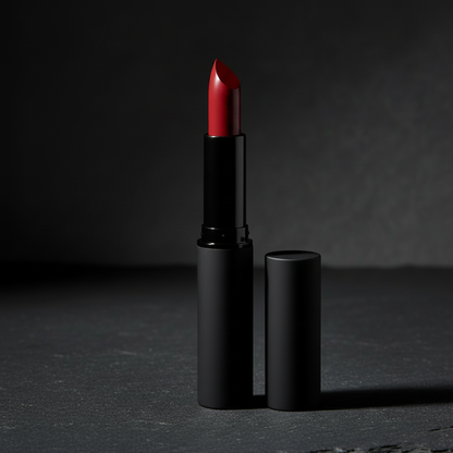 Noir Bullet Lipstick - Classic Red variant, matte black tube open on dark slate surface