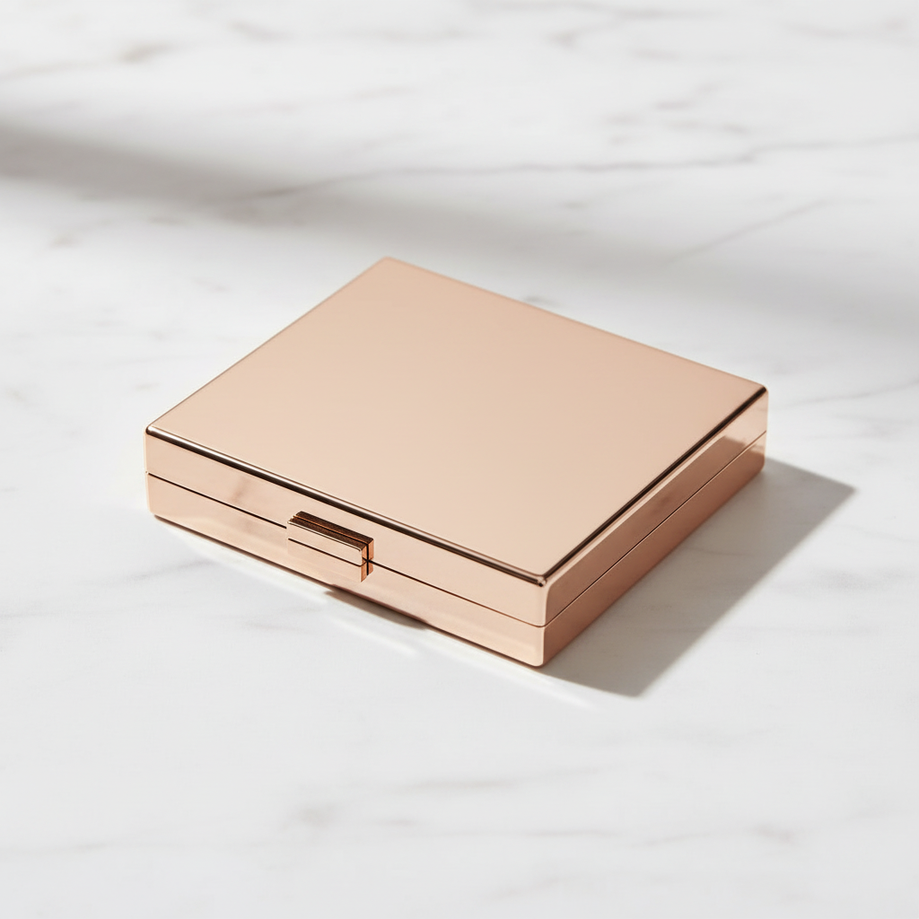 Velvet Quad Eyeshadow Palette rose gold compact closed, angled side view on marble