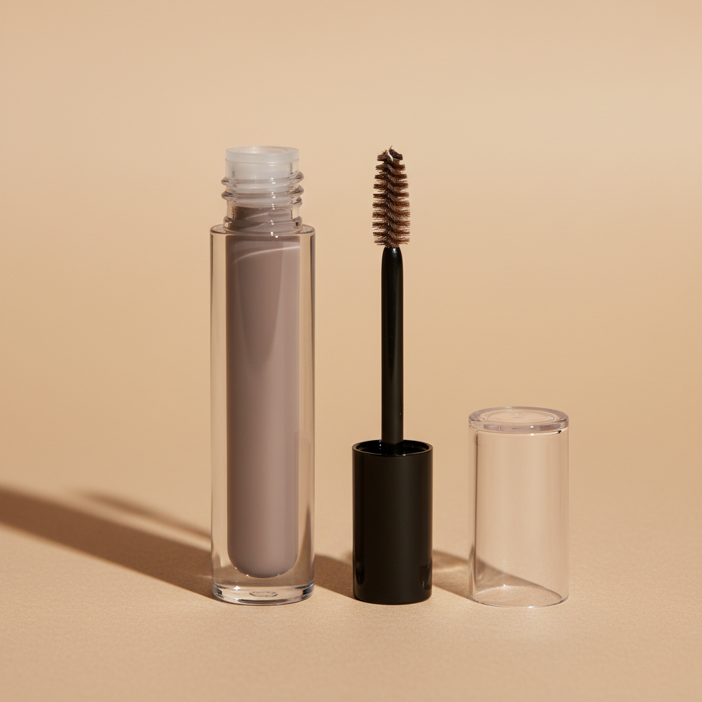 Taupe Grey eyebrow gel in clear glass tube with spoolie wand on warm beige background
