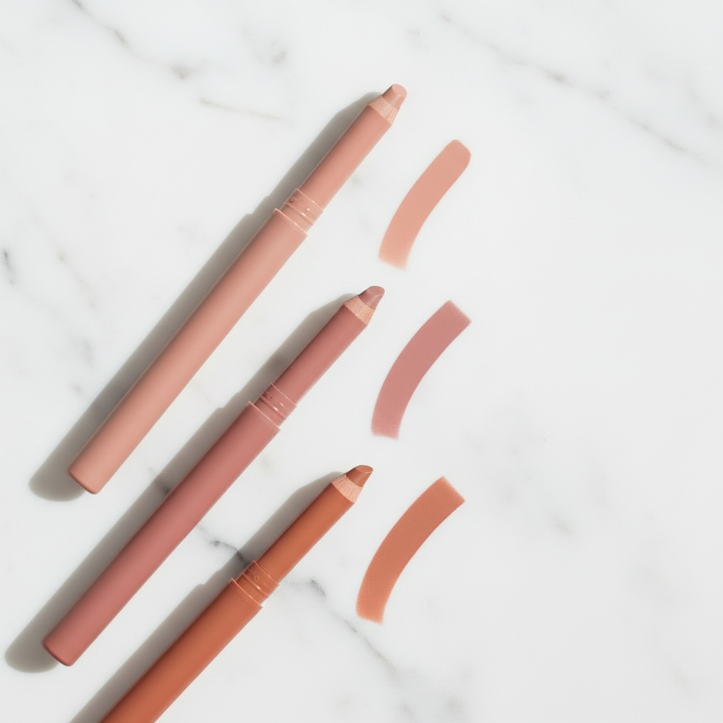 Three lip liner pencils in nude beige, dusty rose and terracotta brown on white marble