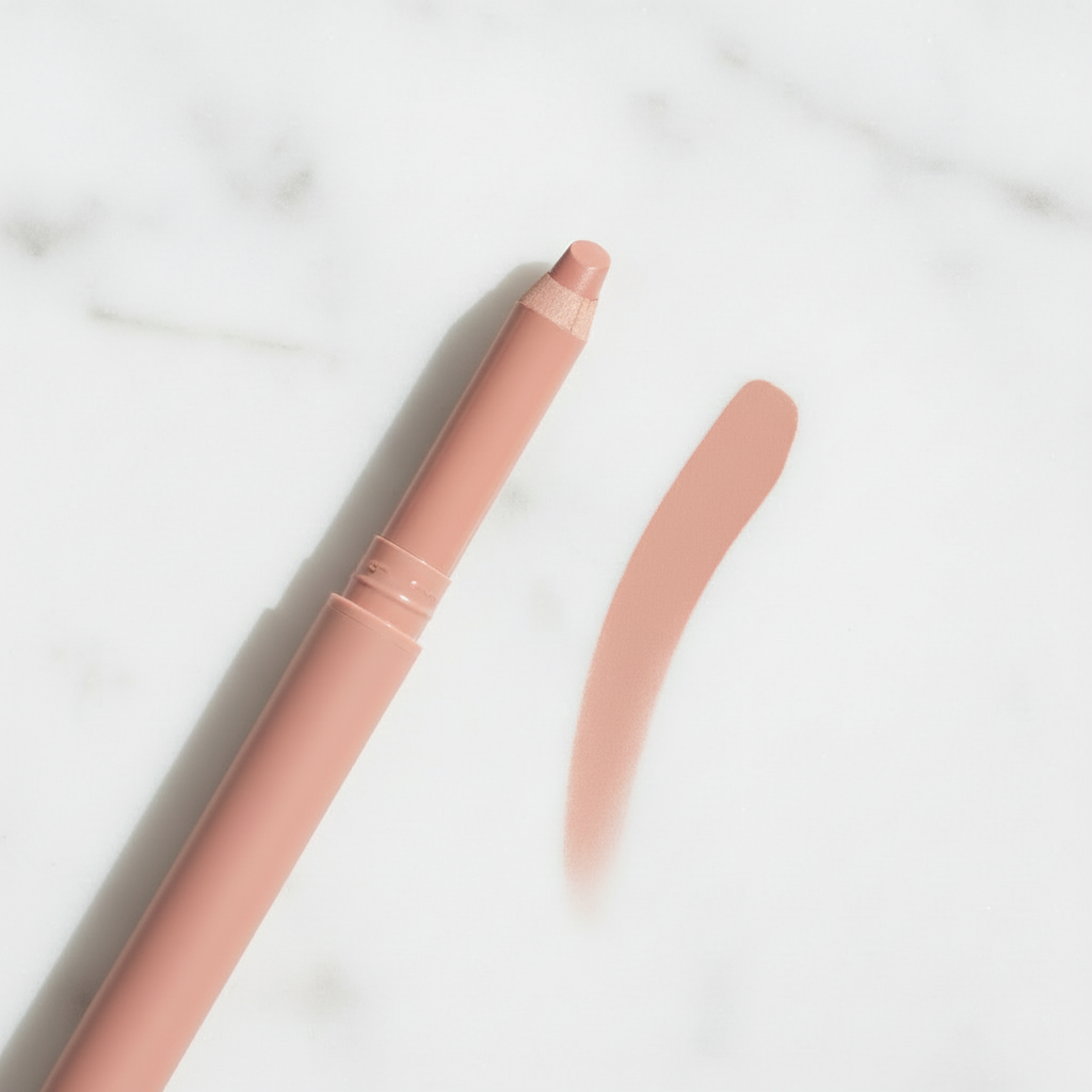 Dusty Rose retractable lip liner pencil with swatch on white marble