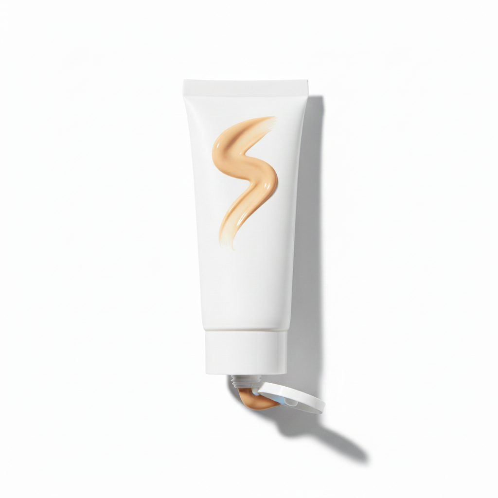 Medium Beige BB cream white soft tube with S-shaped swatch on white background