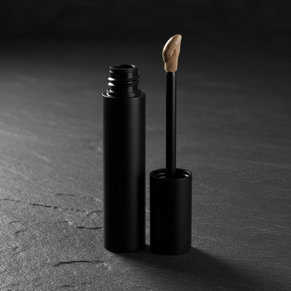 Noir Precision Liquid Concealer - Ivory variant, matte black tube open with pointed sponge tip on dark slate