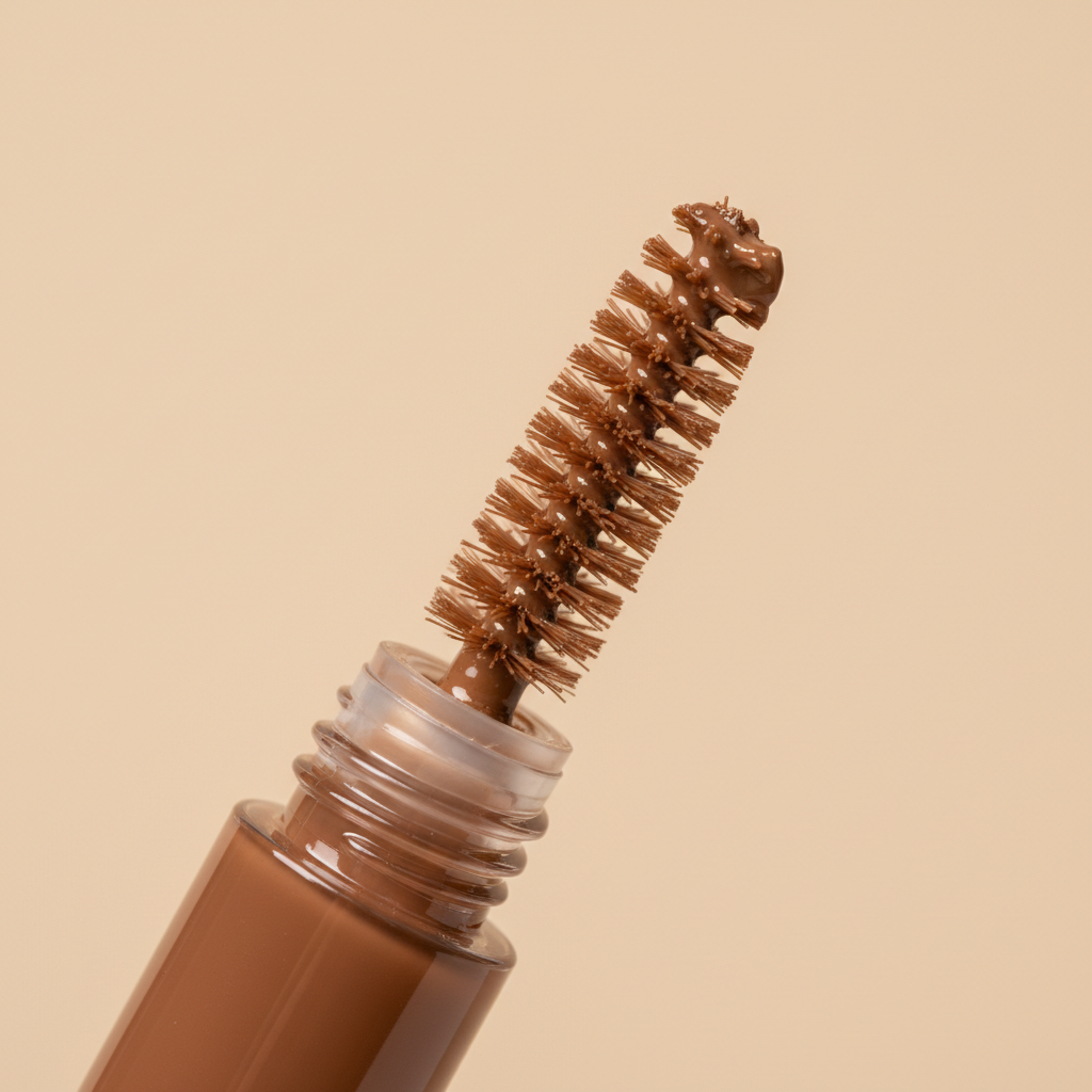 Close-up of spiral spoolie wand loaded with medium brown eyebrow gel