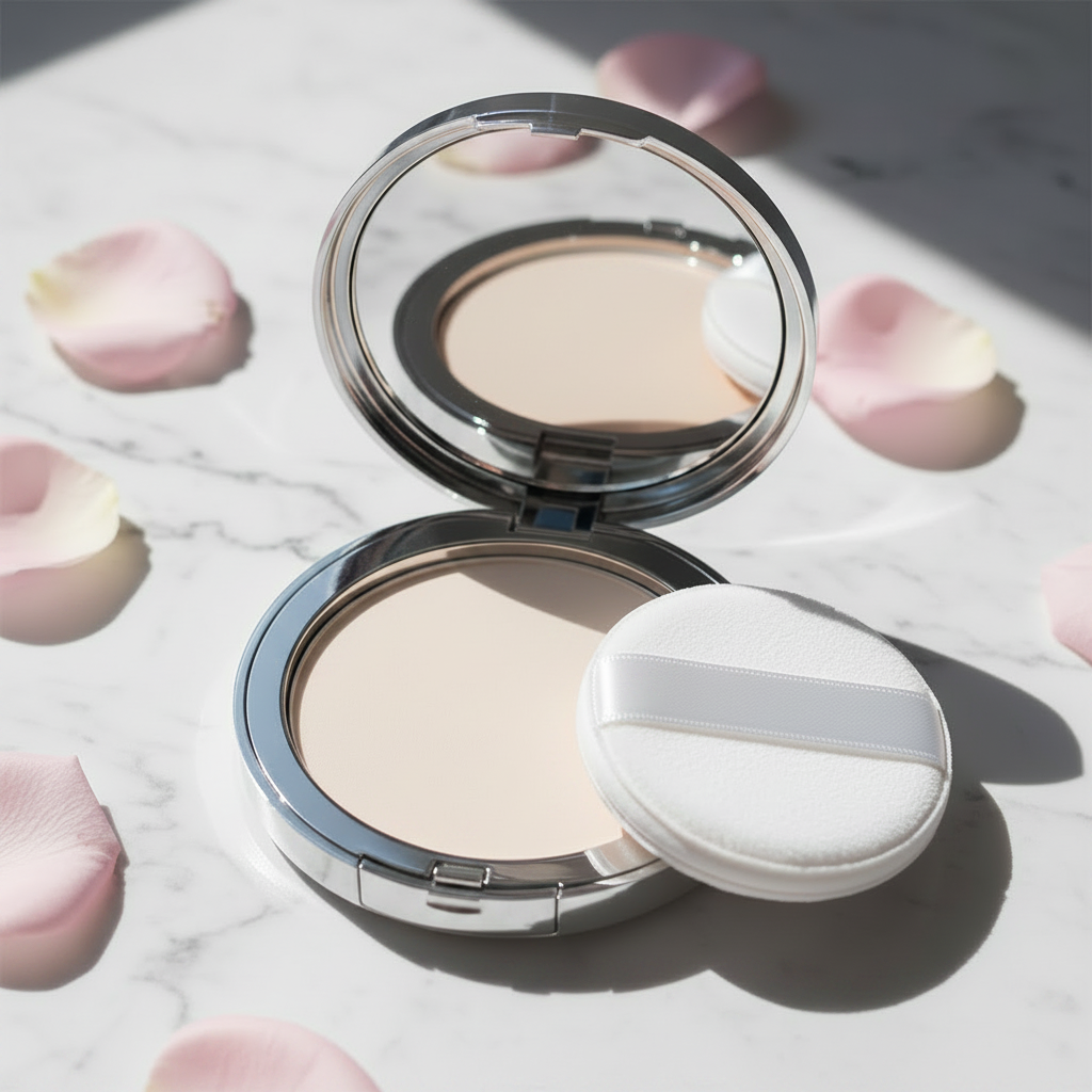 Silk Veil Pressed Powder Compact - Translucent Ivory variant, open silver compact with puff on marble
