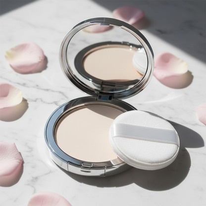 Silk Veil Pressed Powder Compact - Translucent Ivory variant, open silver compact with puff on marble